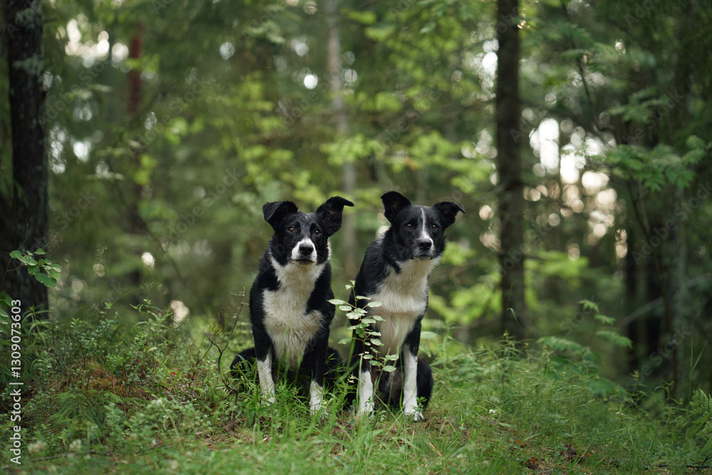 Two Border Collies sit side by side in a serene forest clearing surrounded by greenery. Their attentive posture highlights their bond and connection to the natural environment. Two Border Collies sit side by side in a serene forest clearing surrounded by greenery. Their attentive posture highlights their bond and connection to the natural environment.