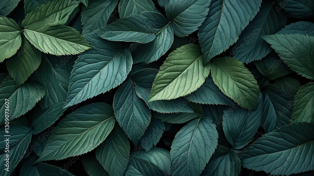A close-up of dark green, textured leaves artfully overlap with curled edges, evoking depth and nature's randomness A close-up of dark green, textured leaves artfully overlap with curled edges, evoking depth and nature's randomness