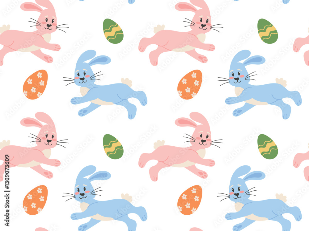 Naklejka premium Seamless pattern with blue and pink Easter bunnies and Easter eggs