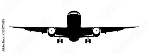 Silhouette of a passenger airplane front view with landing gear down. Vector icon