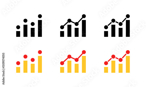 Graph icons set: black and yellow designs with line and bar charts. Vector icon