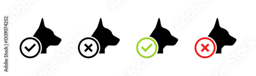 Dog head approval and rejection icons in black and green colors. Vector icon