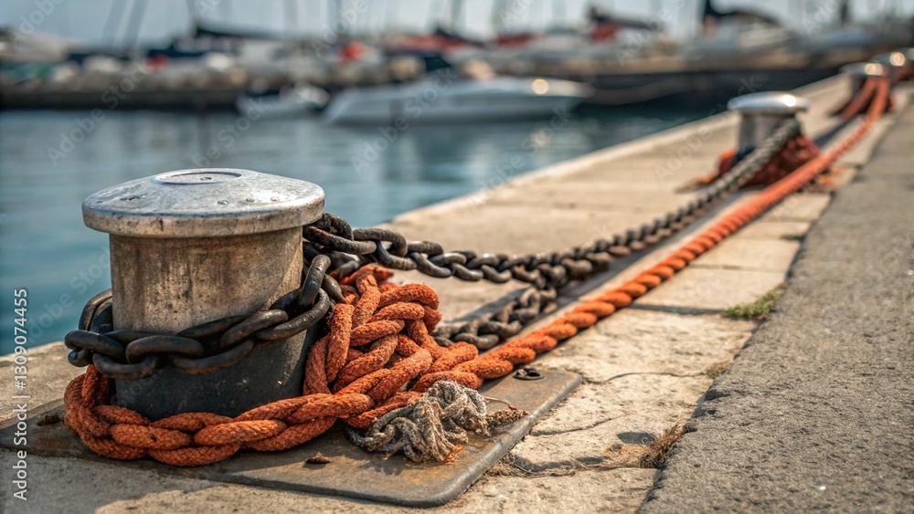 Fototapeta premium Bright orange mooring rope and a dark chain are neatly coiled around a sturdy boat cleat on a concrete dock, ready for use in a busy marina