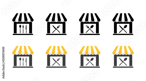 Set of eight restaurant icons with black and yellow color schemes featuring utensil designs. Vector icon