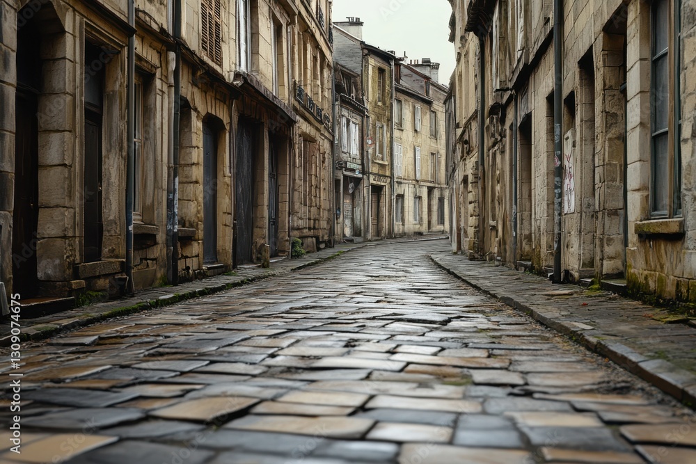 Cobblestone street lined with historic buildings in a quaint town on a rainy day Cobblestone street lined with historic buildings in a quaint town on a rainy day