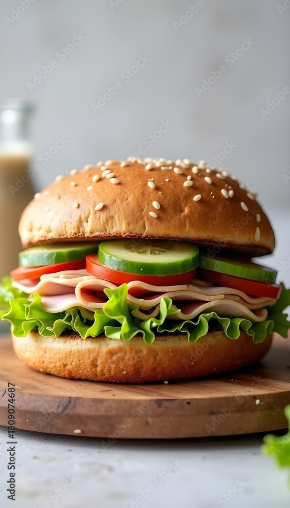 A high-resolution product shot of a mouthwatering sandwich, meticulously arranged with layers of fresh ingredients and a smooth, glossy spread of creamy white mayonnaise.
A high-resolution product shot of a mouthwatering sandwich, meticulously arranged with layers of fresh ingredients and a smooth, glossy spread of creamy white mayonnaise.