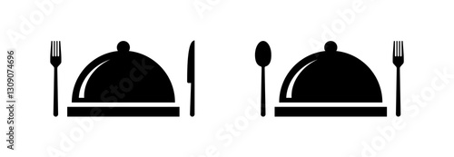 Silhouette of restaurant cloche with cutlery on white background. Vector icon