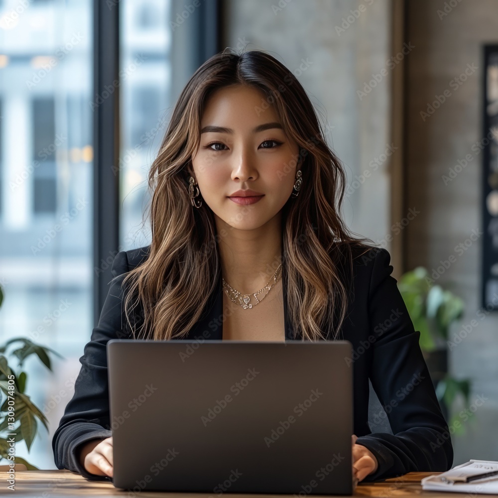 Vertical portrait of a mixed-race woman with Korean descent, working in a modern, bright office, seated at a desk with her laptop open and papers beside her, laptop Vertical portrait of a mixed-race woman with Korean descent, working in a modern, bright office, seated at a desk with her laptop open and papers beside her, laptop