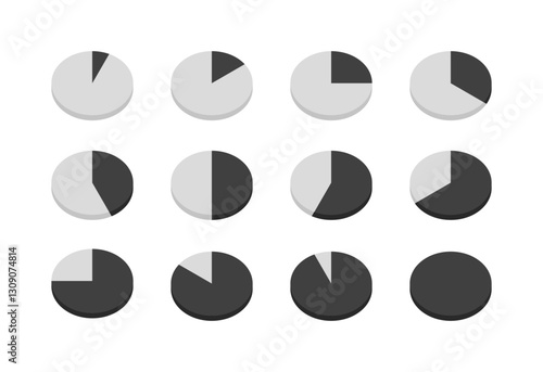 Abstract black and white pie charts representing time segments in minimalist design. Vector icon