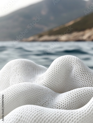 Smooth white porous surface in dreamy sea landscape backdrop outdoor