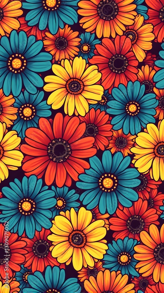 Bold Graphic Daisy Pattern in Vibrant Orange, Yellow and Teal Bold Graphic Daisy Pattern in Vibrant Orange, Yellow and Teal