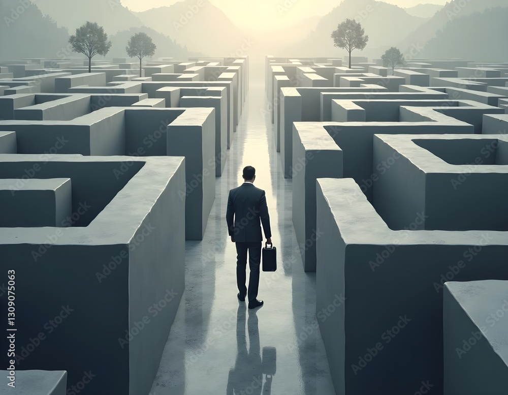 A restless man suffering from insomnia wanders through a vast, endless maze, symbolizing confusion, anxiety, and the struggle of sleepless nights.