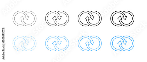 Black and blue interlocking arrows in circle symbol set on white background. Vector icon