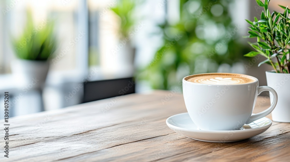 Warm morning coffee on a rustic wooden table in a bright cafe Warm morning coffee on a rustic wooden table in a bright cafe
