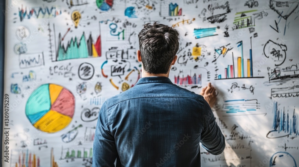 Man reviewing data charts and graphs on a whiteboard for business planning and strategy Man reviewing data charts and graphs on a whiteboard for business planning and strategy