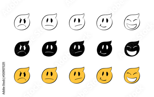 Diverse emoji expressions: sad, happy, angry in black, white, and yellow. Vector icon