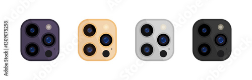 Smartphone cameras in four colors: purple, gold, silver, black. Vector icon