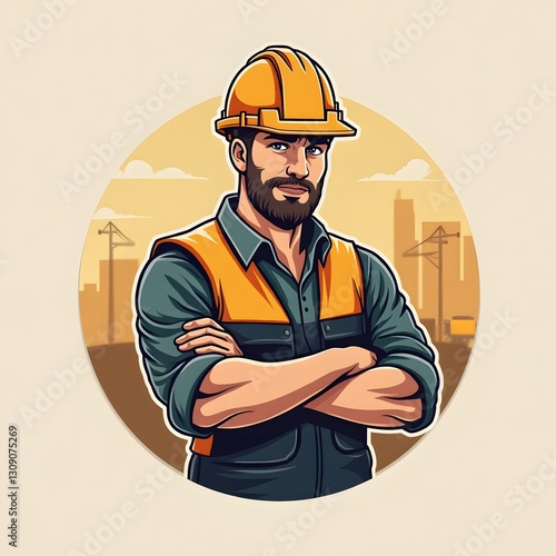 Confident Construction Worker with Arms Crossed Against Sunset Construction Site photo