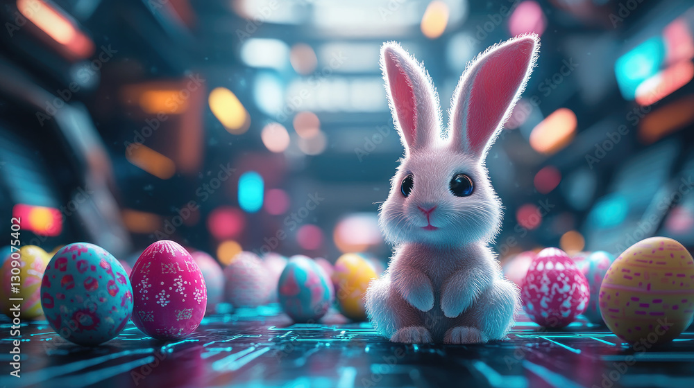 Futuristic Easter card with a glowing bunny and colorful eggs on a soft pink background. Modern festive banner with copy space.