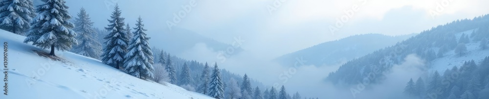 Trees in the fog on a mountain slope have snow-covered trunks, mountain, frosty Trees in the fog on a mountain slope have snow-covered trunks, mountain, frosty