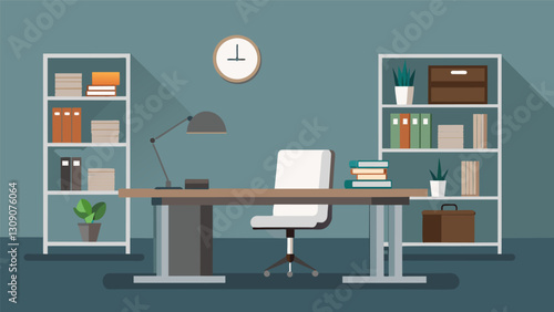 A minimalistic exeive office furnished with a sleek desk and bookshelf made from upcycled metal demonstrating the sophistication of sustainable. Vector illustration