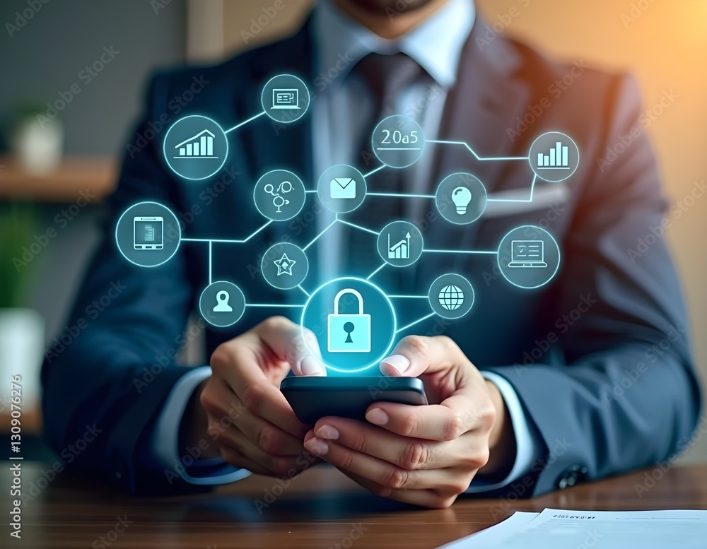 A modern digital concept illustrating mobile banking, online payments, and digital marketing with a businessman using a smartphone, surrounded by financial icons and a connected network on a dark blue