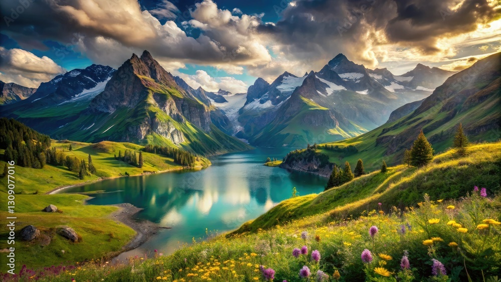 Obraz premium Majestic Swiss Alps panorama: soaring peaks, verdant meadows, breathtaking scenic views.