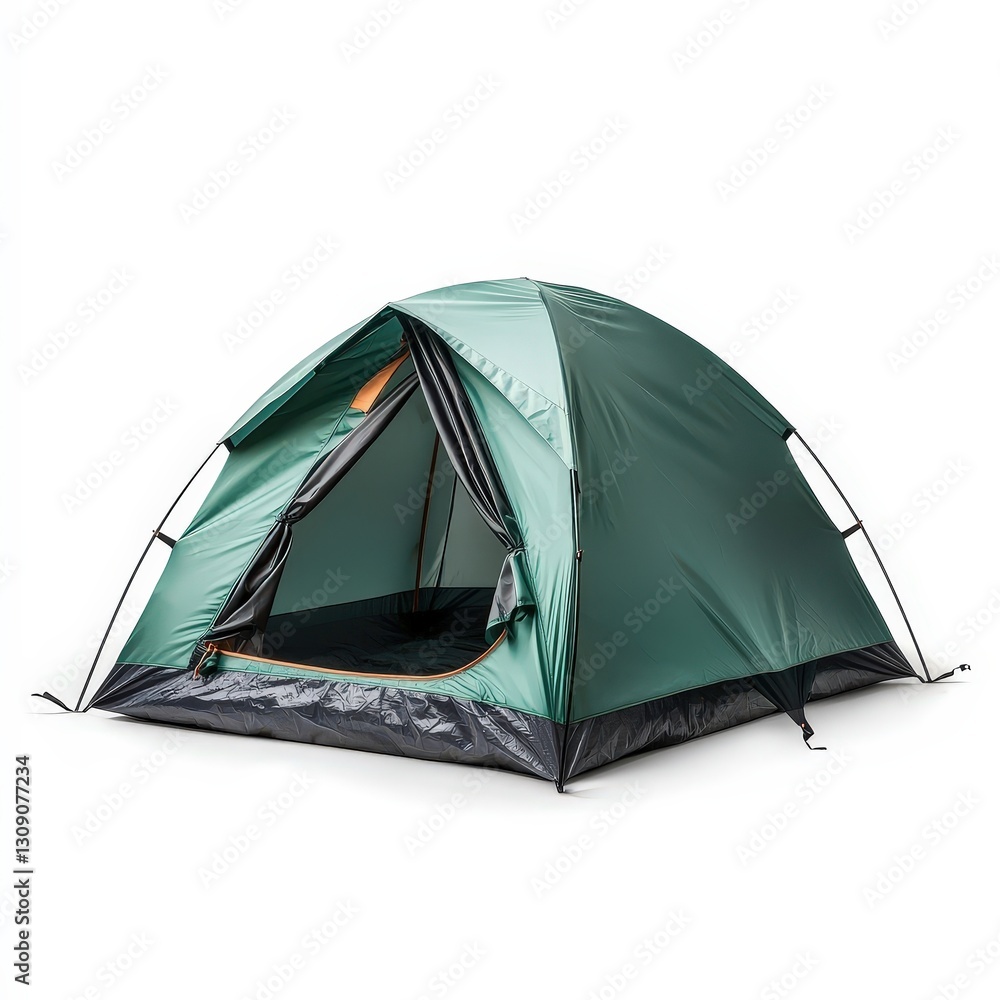 Green Camping Tent with Open Door on White Background Green Camping Tent with Open Door on White Background