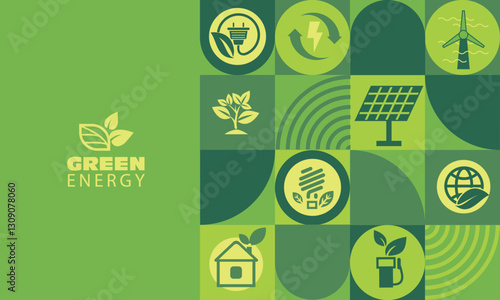 Green energy, ecology and environmental protection. A banner featuring the concept of renewable energy sources and waste-free production.