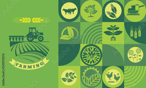 Natural banner design featuring agricultural icons of farm products.