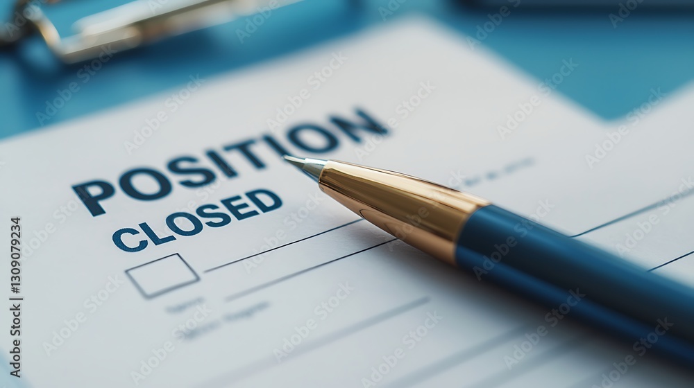 A closed position document with a blue pen resting on it, indicating the end of a job or role. A closed position document with a blue pen resting on it, indicating the end of a job or role.