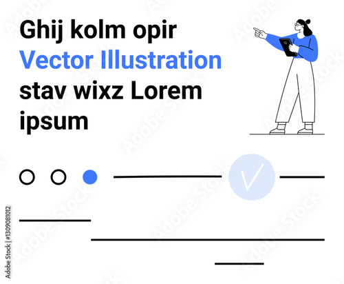 Woman with clipboard points to text. Includes form elements radio buttons, lines, checkmark. Ideal for education, business, presentations, user interfaces, online courses data analysis web design
