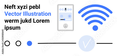 Smartphone displaying home control interface, large wireless connectivity icon, sample text elements, checkmark icon, slider, and circular selection buttons. Ideal for smart home systems