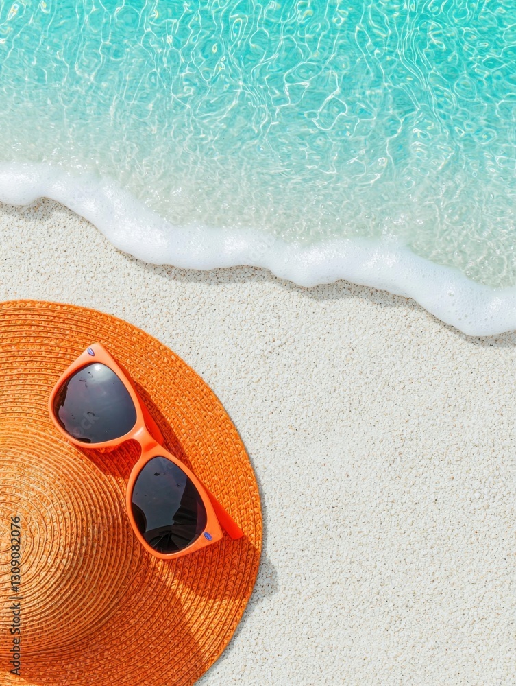 Obraz premium A vibrant beach scene featuring an orange sunhat and sunglasses resting on soft sand beside clear turquoise water.