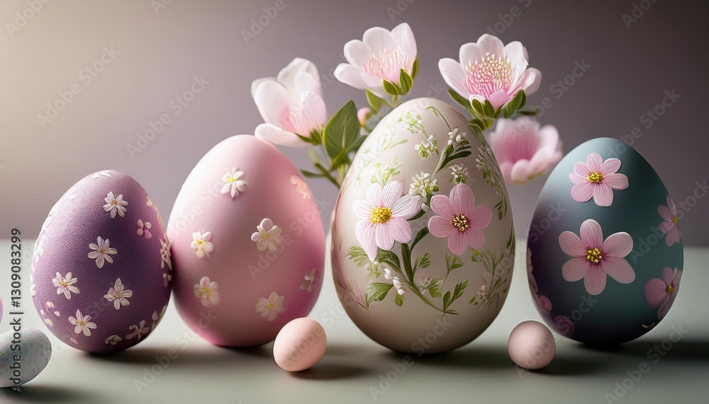 Fototapeta premium Easter eggs with flowers on table