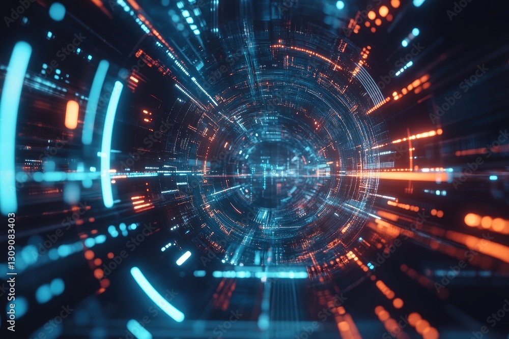 Abstract Digital Tunnel of Futuristic Technology with Glowing Neon Lights and Data Streams
