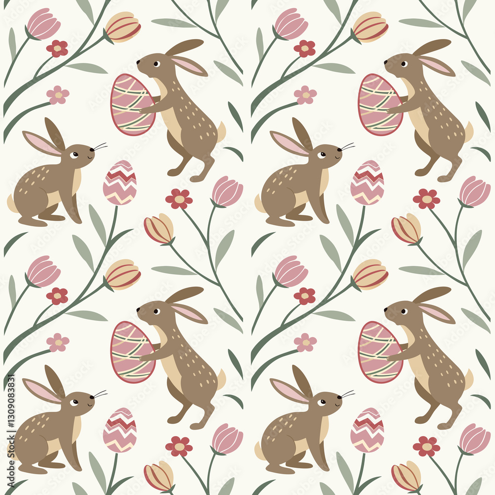 Obraz premium Seamless Easter pattern featuring bunnies, eggs, and flowers in a charming vector design
