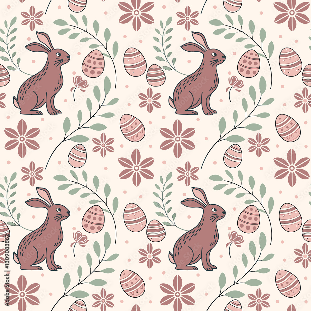 Obraz premium Seamless Easter pattern featuring bunnies, eggs, and flowers in a charming vector design