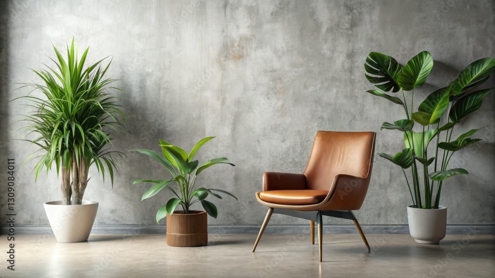 Fototapeta premium Serene home décor: brown chair, leafy plant, textured white wall; a surreal modern feel.