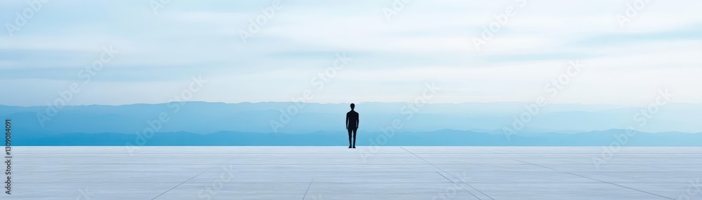 A Solitary Figure on a Raw Concrete Floor Surrounded by Majestic Mountains Under a Clear Blue Sky Evoking a Sense of Freedom and Adventure in Nature A Solitary Figure on a Raw Concrete Floor Surrounded by Majestic Mountains Under a Clear Blue Sky Evoking a Sense of Freedom and Adventure in Nature