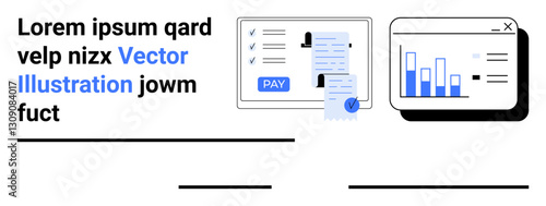 Payment confirmation with list, document verification checkmarks, and performance analysis chart on screens. Ideal for finance, analytics, productivity, e-commerce, workflows, documentation