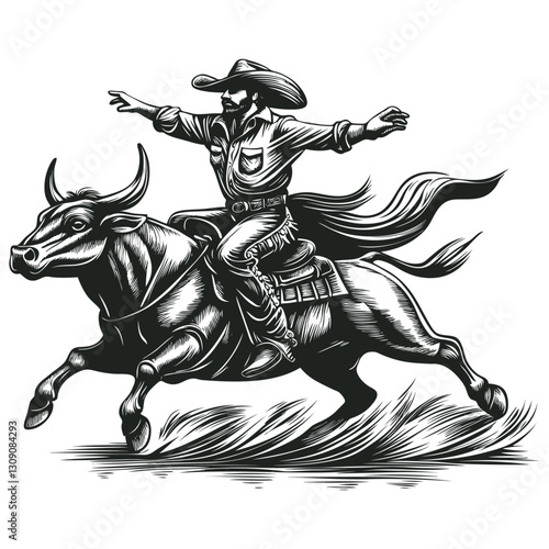 Vector illustration of a cowboy riding a bull in vintage woodcut or engraving style. The dynamic black and white artwork depicts a rodeo rider with outstretched arms, hat, and flowing clothes, 