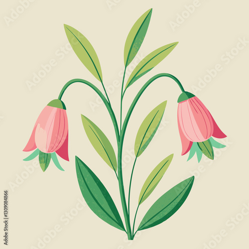 Two delicate pink bell flowers on a stylized stem, perfect for spring design elements.