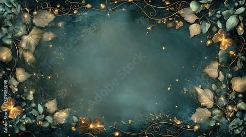 Dark teal textured background framed with green leaves and golden glowing lights decorative abstract design