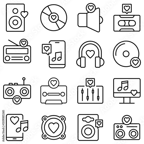 Love Music icon set. Includes of melody, notes, headphones, speaker, romantic, sound, and More. Outline icons vector collection