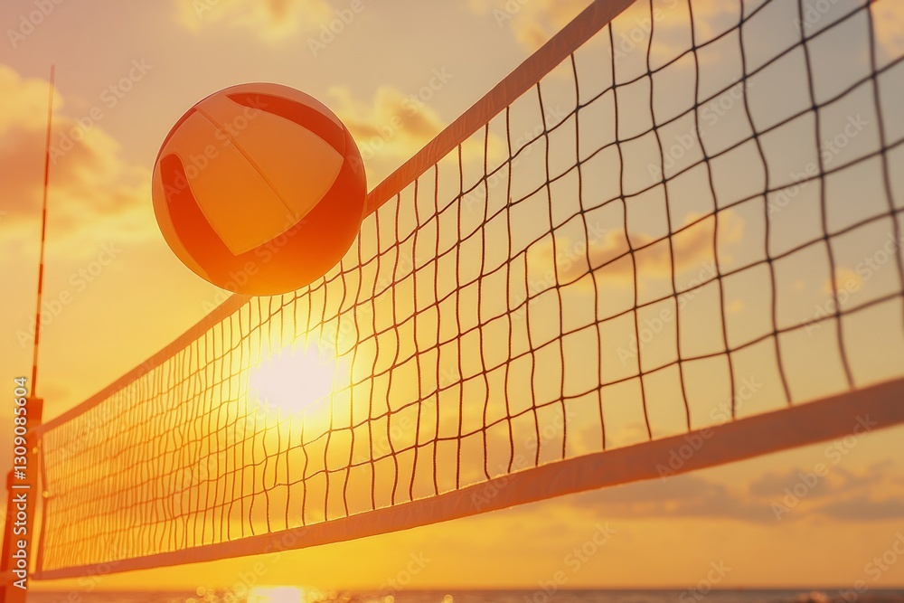 A volleyball is seen flying over the net during a game on a beautiful beach at sunset. The vibrant warm golden hues create a perfect backdrop for outdoor fun and activity A volleyball is seen flying over the net during a game on a beautiful beach at sunset. The vibrant warm golden hues create a perfect backdrop for outdoor fun and activity
