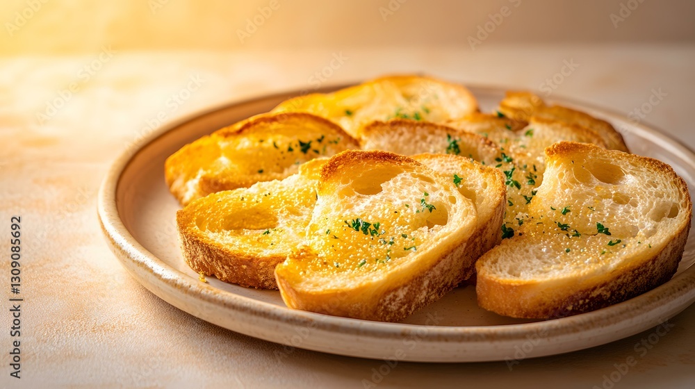 A beautifully arranged plate of garlic bread slices, positioned slightly to the left, with warm golden tones complementing the smooth gradient background fading into pale beige. The focus on A beautifully arranged plate of garlic bread slices, positioned slightly to the left, with warm golden tones complementing the smooth gradient background fading into pale beige. The focus on