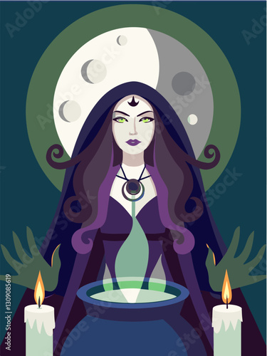 mysterious witch EPS vector. Mysterious Sorceress with Cauldron and Candles at Night