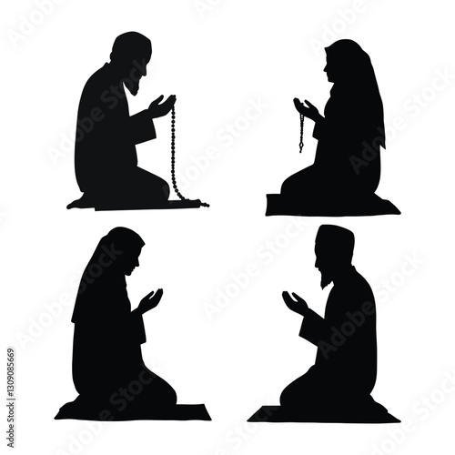 Happy Ramadan Kareem Set of  Muslim man and woman making Prayer Silhouettes with white background