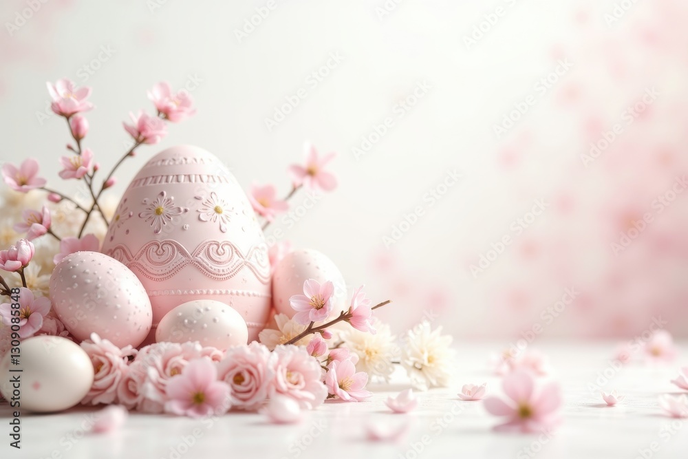 Decorative pink Easter eggs with blossoms on table Decorative pink Easter eggs with blossoms on table